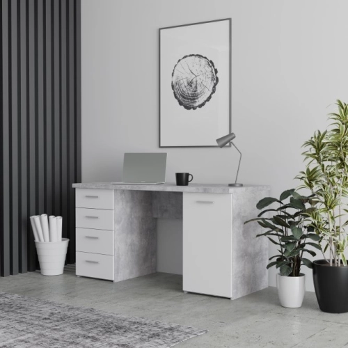 Biurko 145x60 cm z 4 szufladami i szafką Biały/Beton